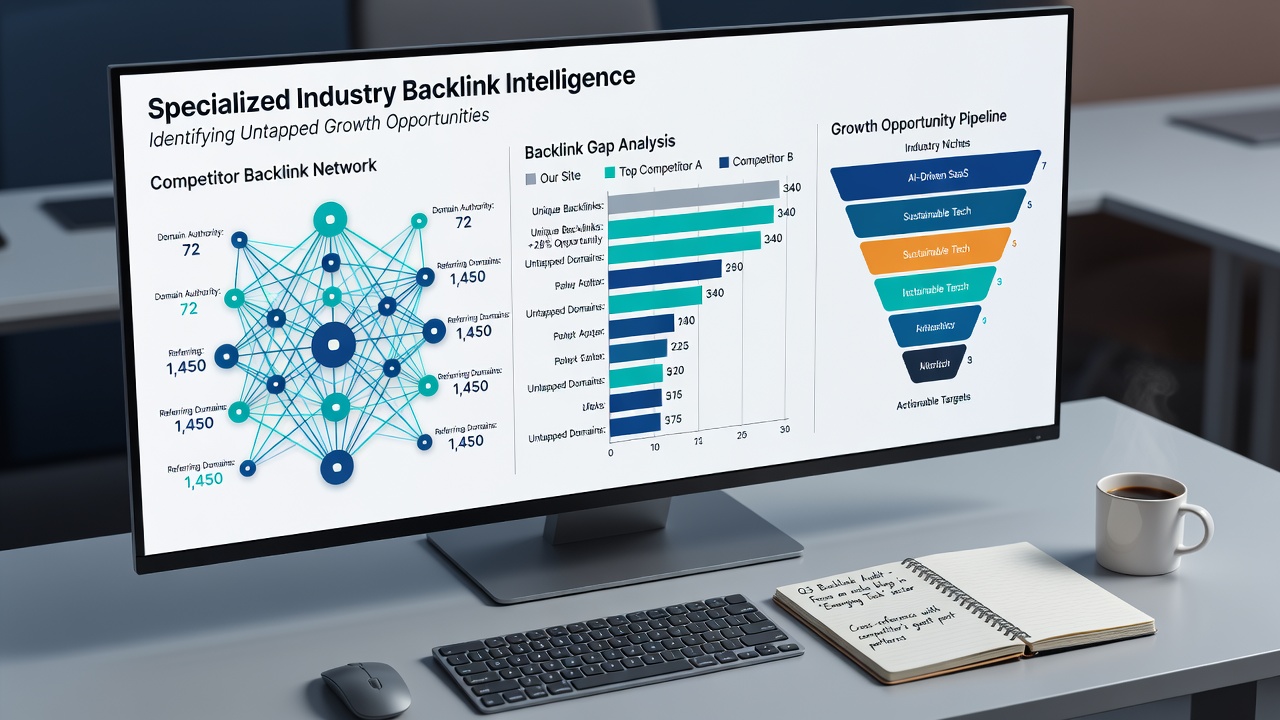 Detailed view of backlink network visualization highlighting untapped domains and opportunity gaps in industry-specific link building