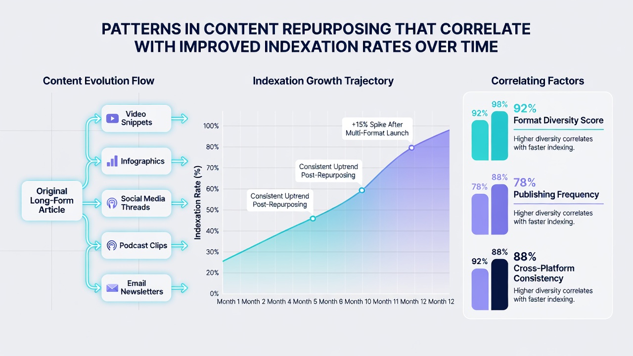 Infographic illustrating content repurposing workflow steps linked to indexation improvements